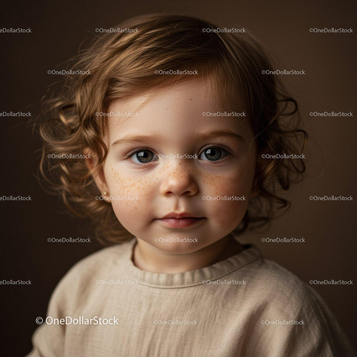 Portrait of curious toddler with curly hair and freckles