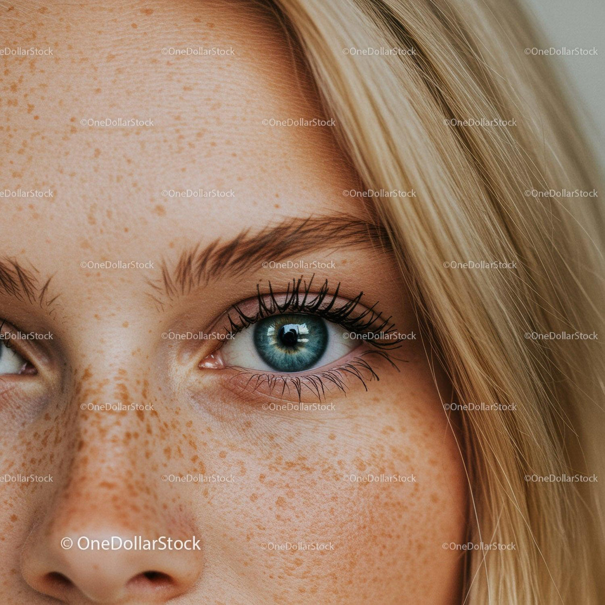 Close up of blue eye with natural freckles and blonde hair