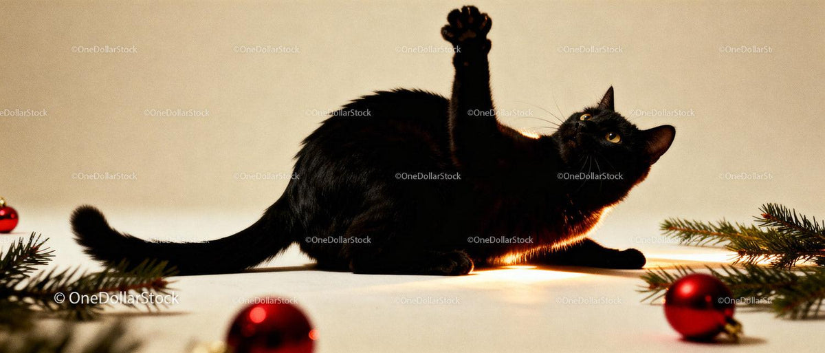 Black Cat Pawing Playfully Amid Christmas Decorations