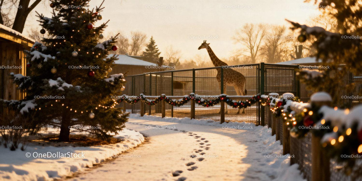 Winter zoo scene with decorated tree and giraffe enclosure