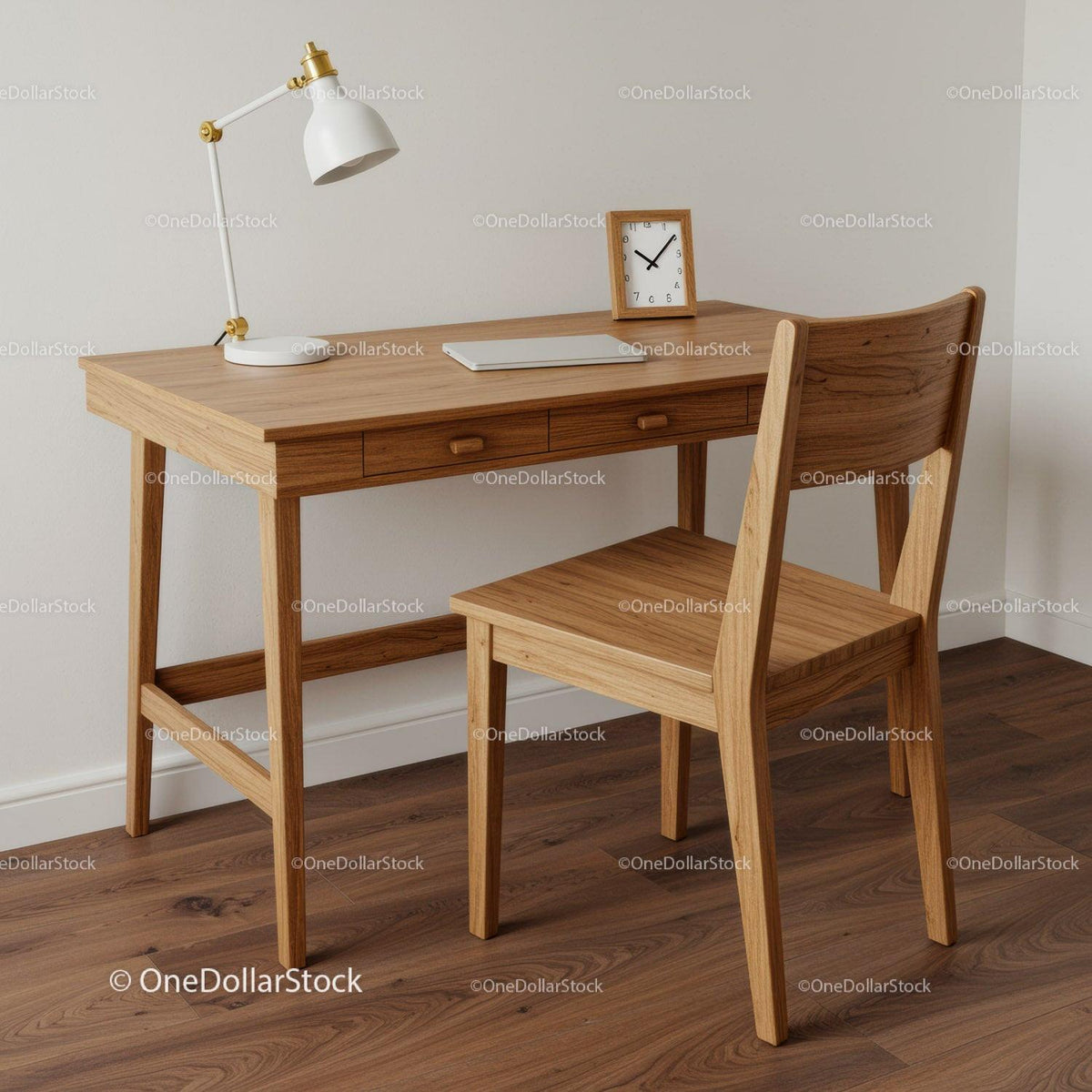 Cozy Wooden Desk with Chair and Minimalist Decor in Modern Home Office