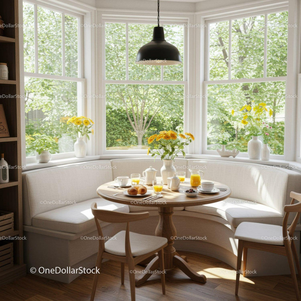 Cozy breakfast nook with natural light and flowers