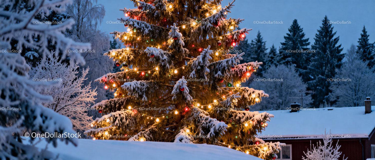 Snowy Christmas tree glowing in winter forest twilight