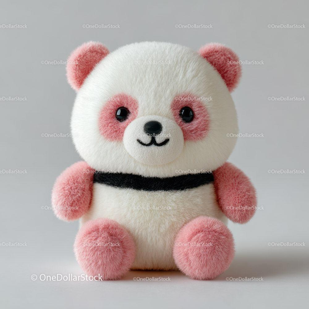 White and pink plush panda toy sitting on light gray surface with fluffy texture