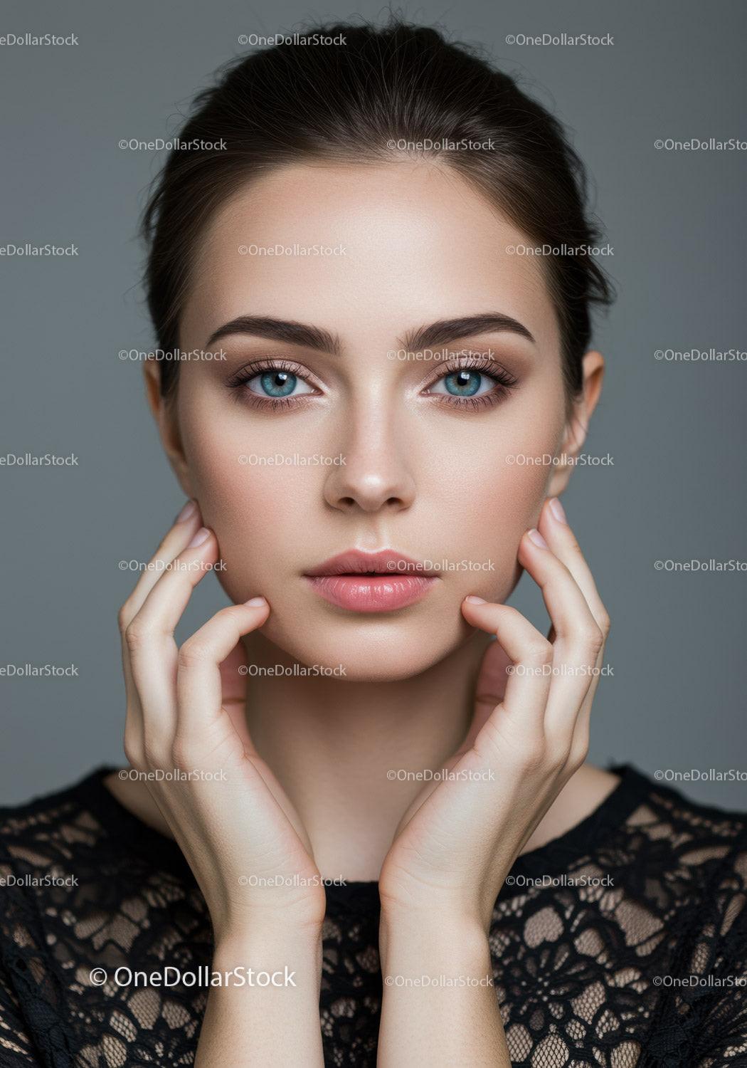 Elegant Woman with Blue Eyes and Natural Makeup in Studio Portrait