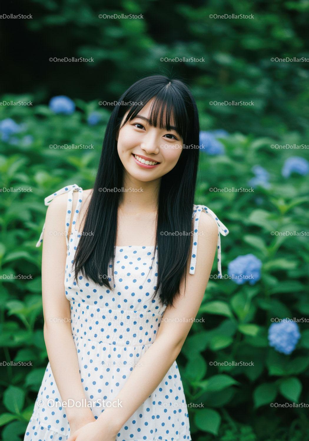 Young Woman Smiling in Garden with Blue Hydrangeas