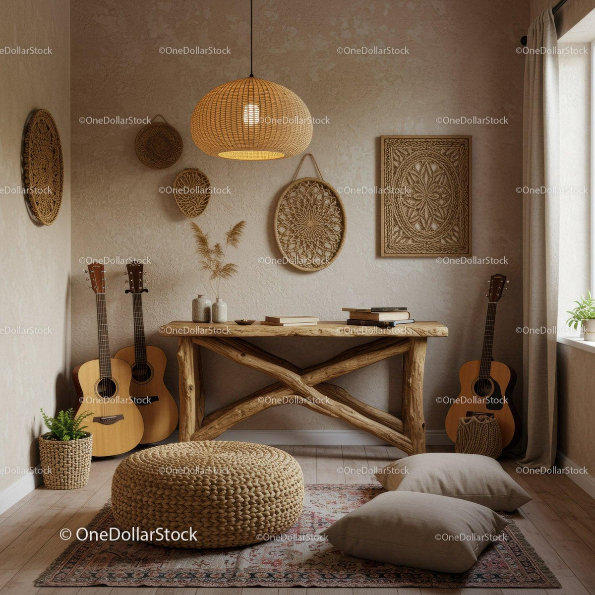 Cozy rustic corner with guitars and boho decor elements