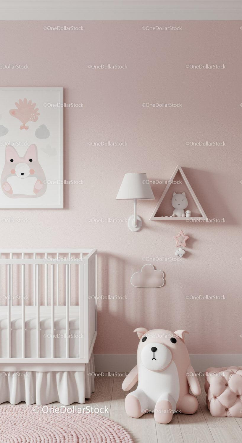 Soft Pastel Pink Nursery with Plush Teddy Bear and Wall Decor