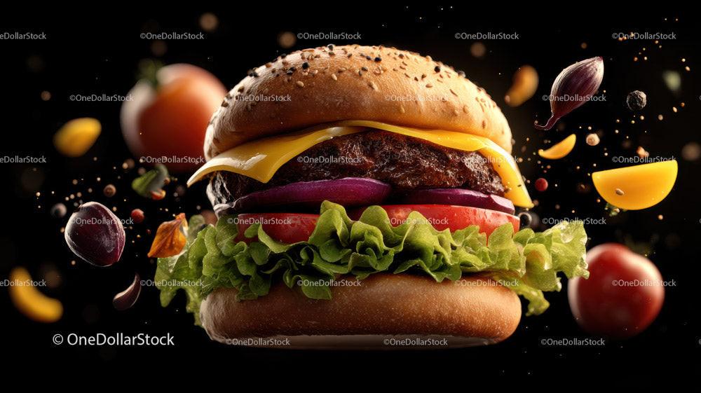Juicy Gourmet Burger with Fresh Vegetables on Dark Background Stock Photo Bundle preview 15