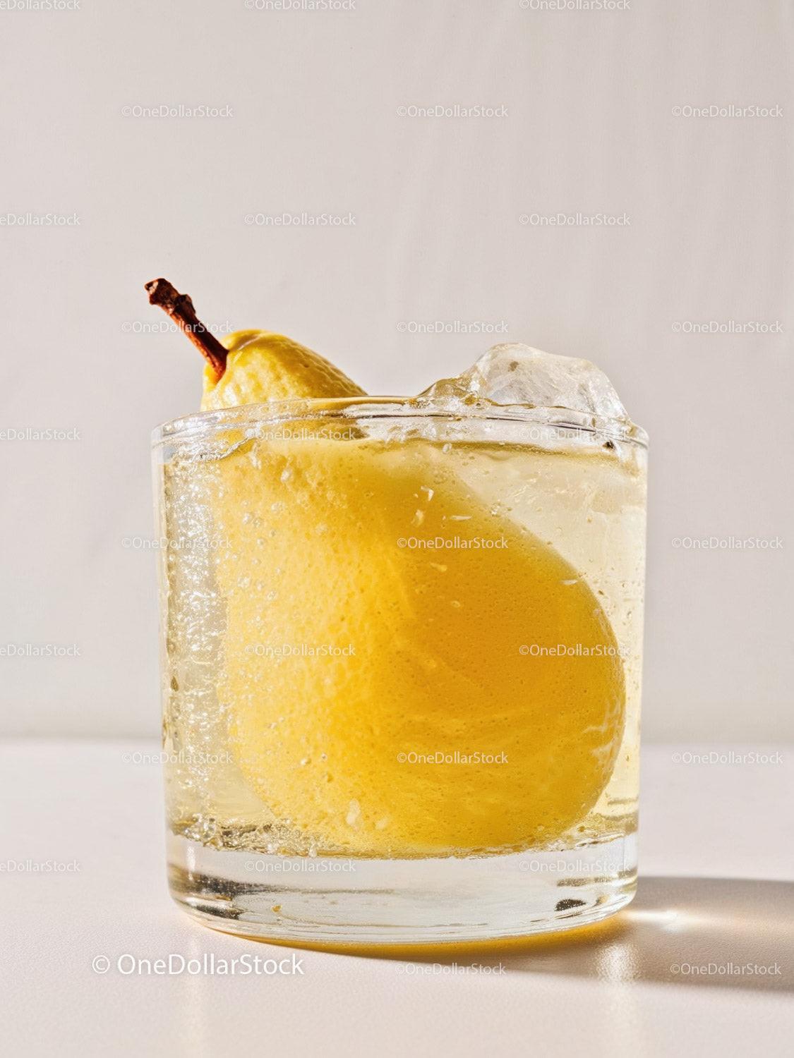 Refreshing pear infused sparkling water on white surface