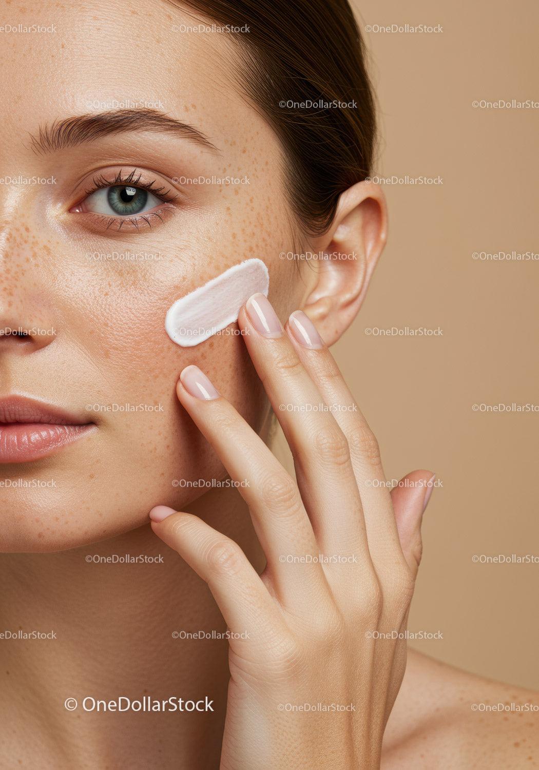 Close-Up of Woman with Freckles Applying Facial Cream for Healthy Skin