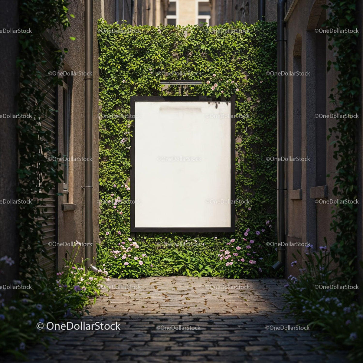 Blank billboard surrounded by green ivy in narrow alley JPG Mockup Image preview