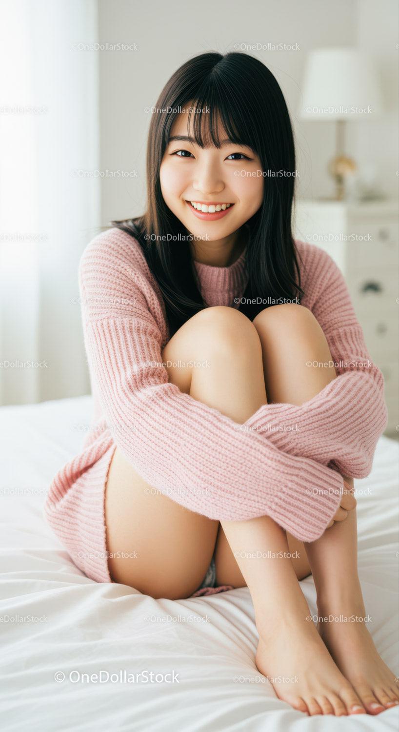 Young Woman Sitting on Bed Wearing Pink Sweater with Bright Smile
