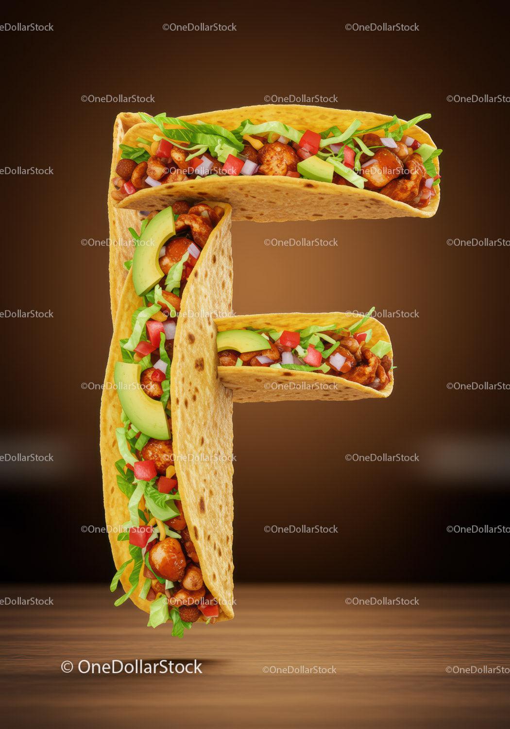 Letter F Formed by Mexican Tacos with Fresh Ingredients