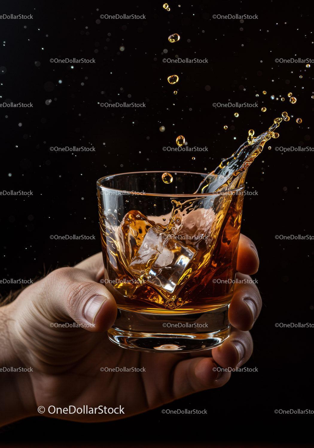 Hand Holding Whiskey Glass Splashing Ice Cubes
