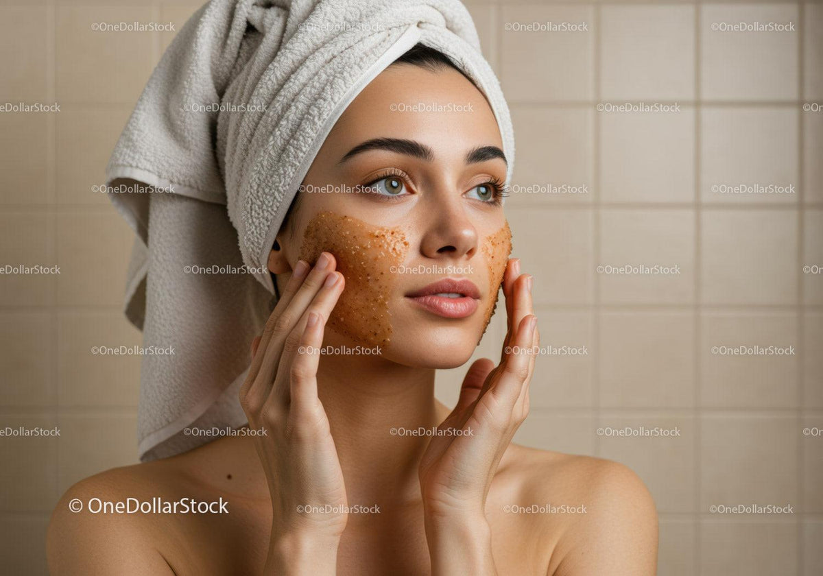 Woman Applying Face Exfoliator with Towel Wrapped Hair