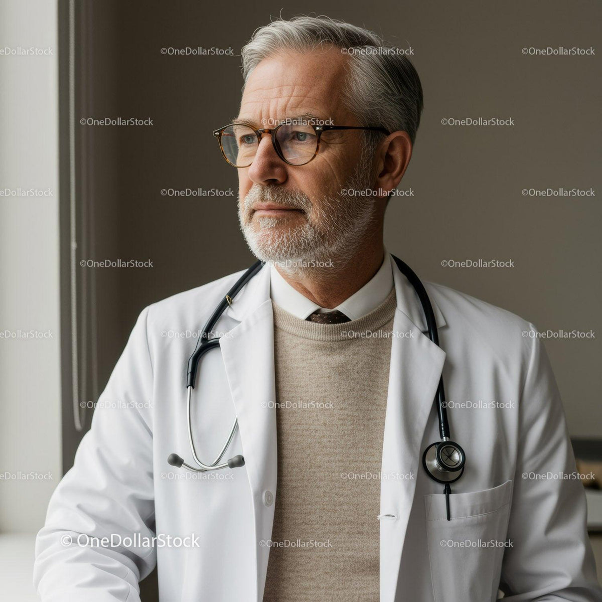 Senior Male Doctor with Stethoscope in Medical Environment
