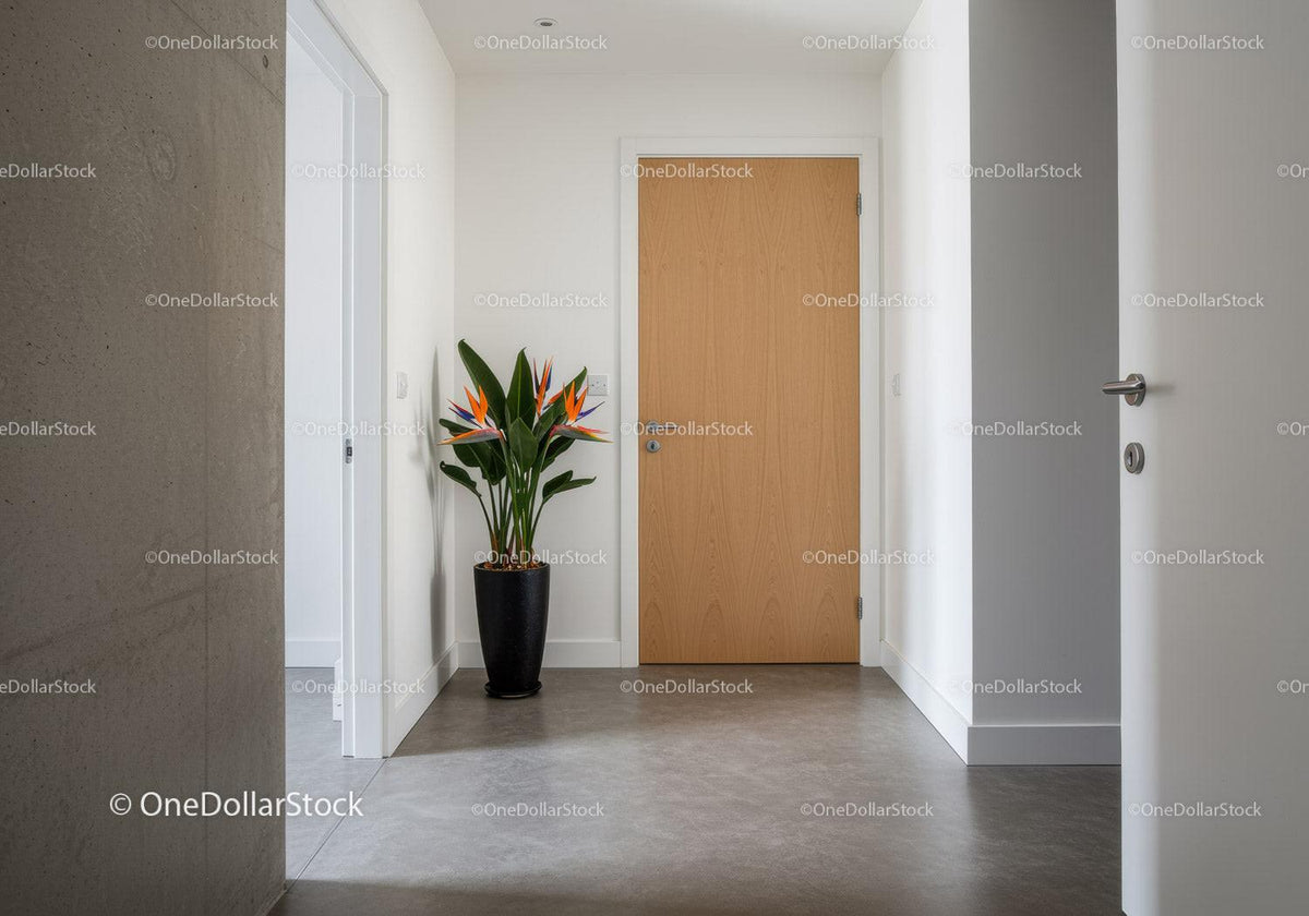 Modern Hallway with Wooden Door and Tropical Plant in Minimalist Interior