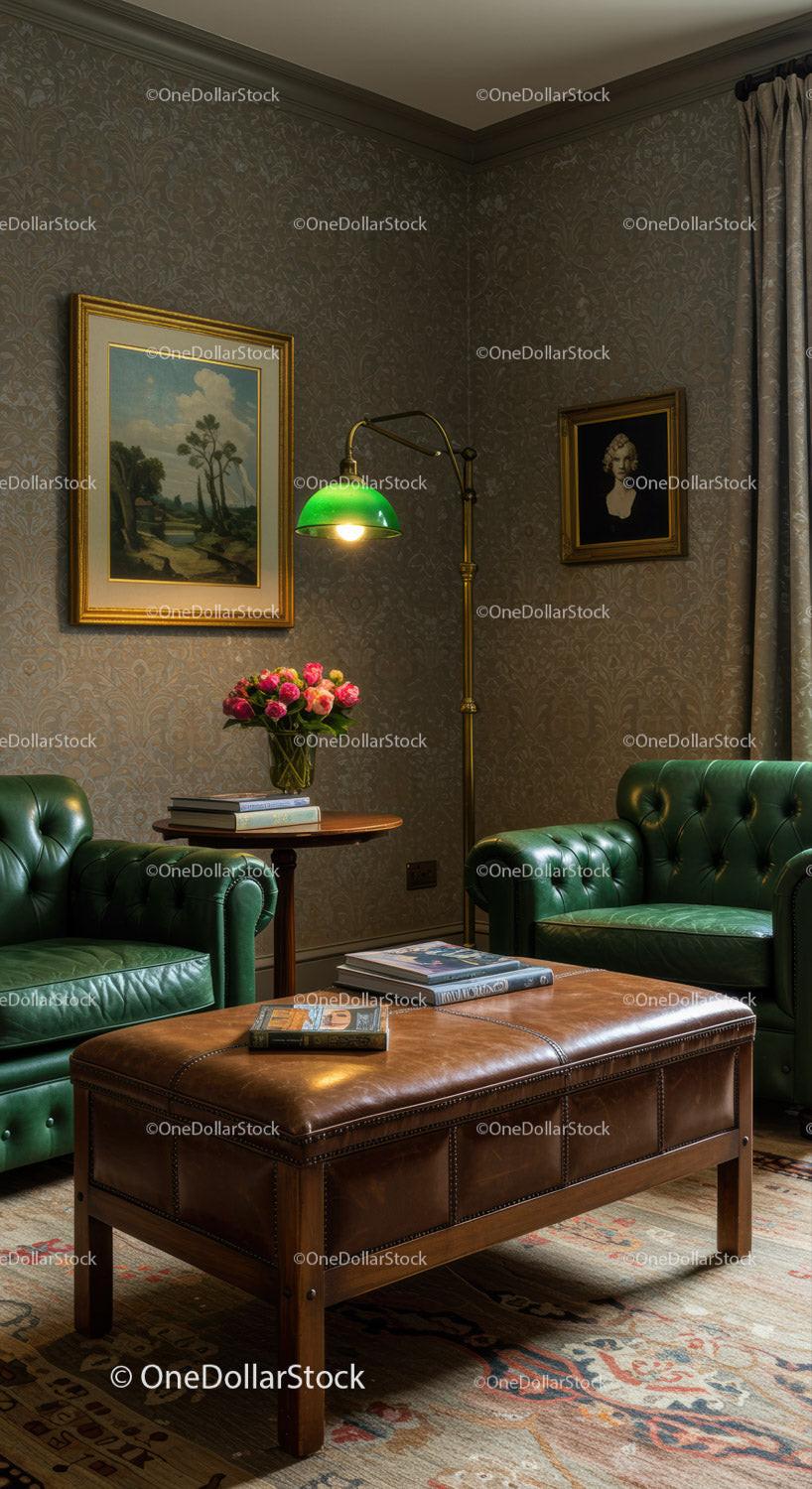 Cozy traditional living room with vintage green leather chairs