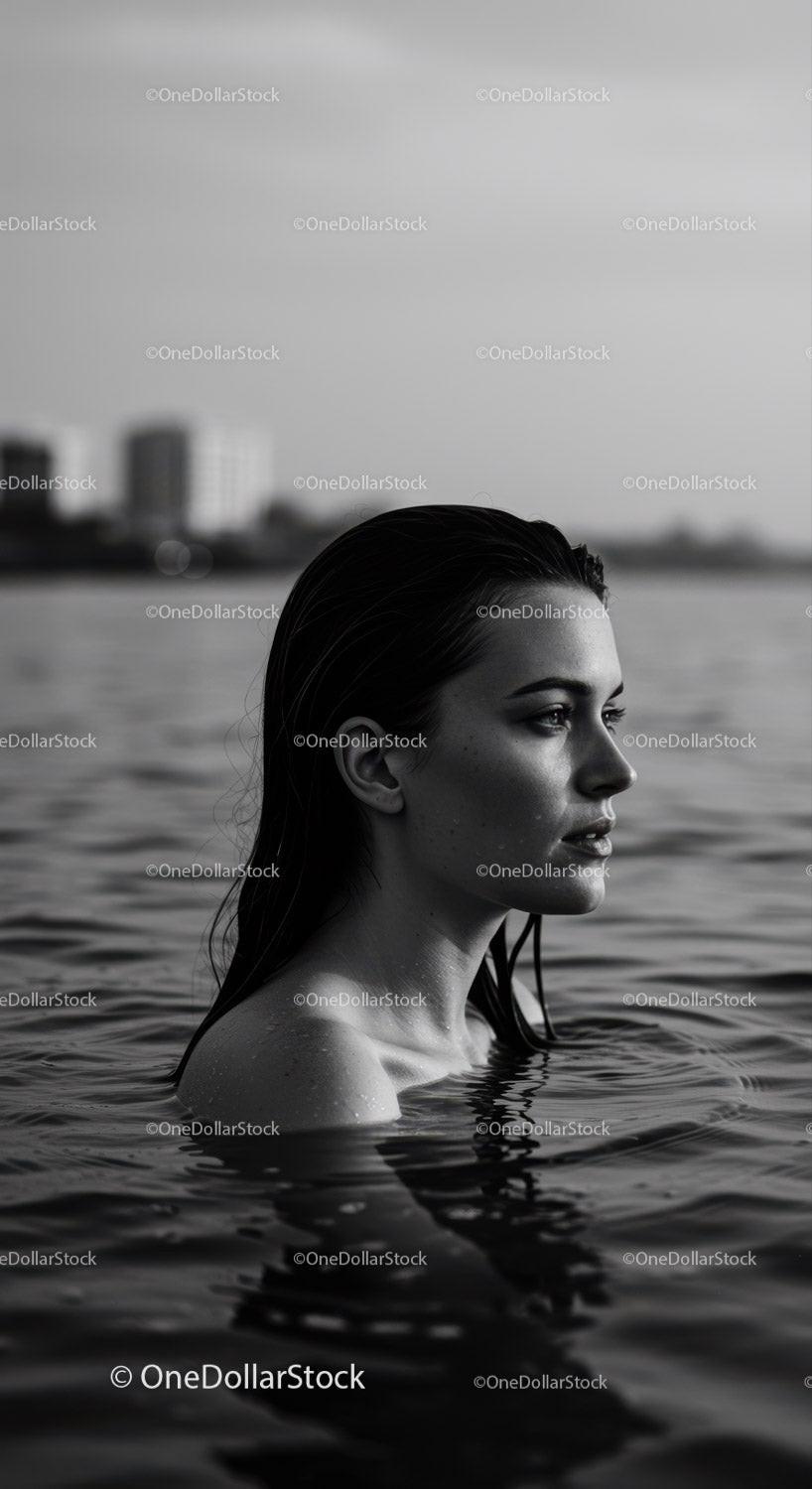 Serene Woman in Water with City Skyline in Black and White
