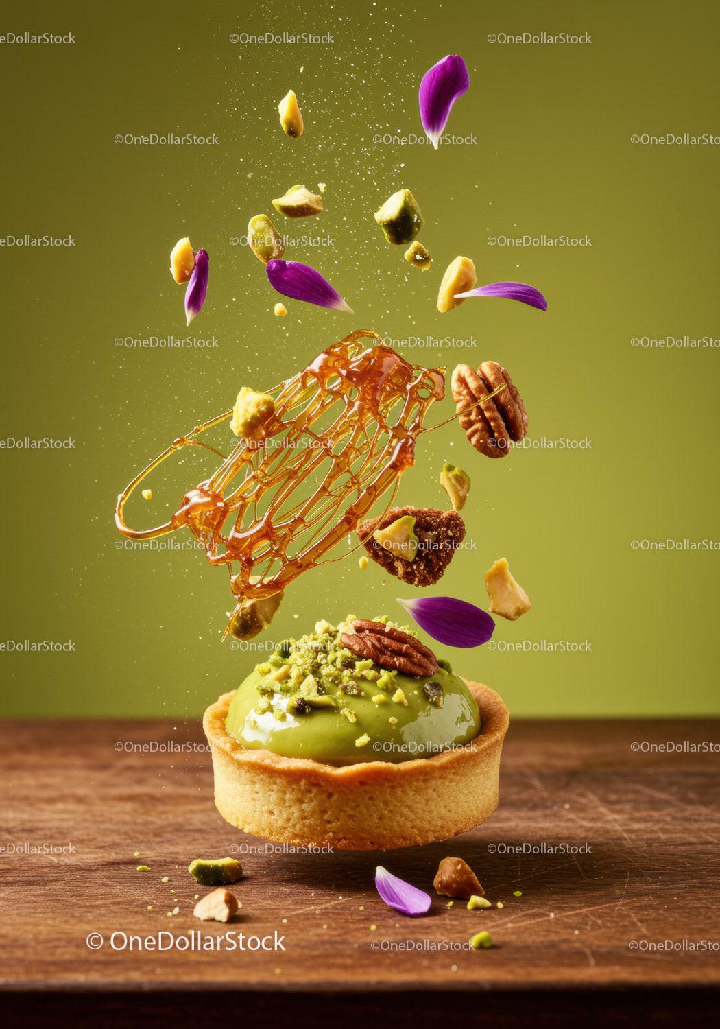 Green pistachio tart with nuts and caramel decoration
