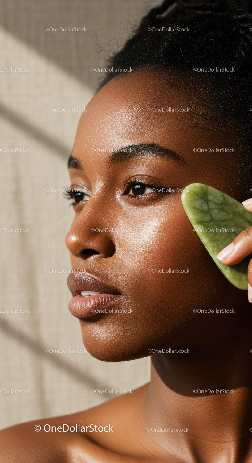 Young Woman with Glowing Skin Using Green Facial Massage Stone