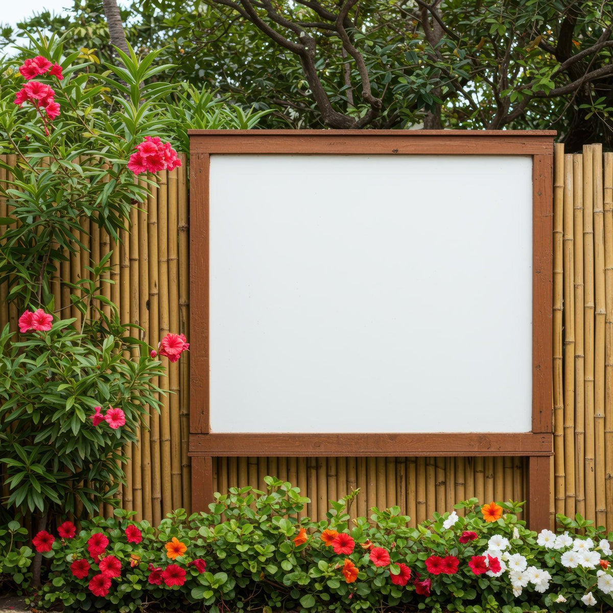Blank outdoor board surrounded by vibrant garden flowers JPG Mockup Image preview