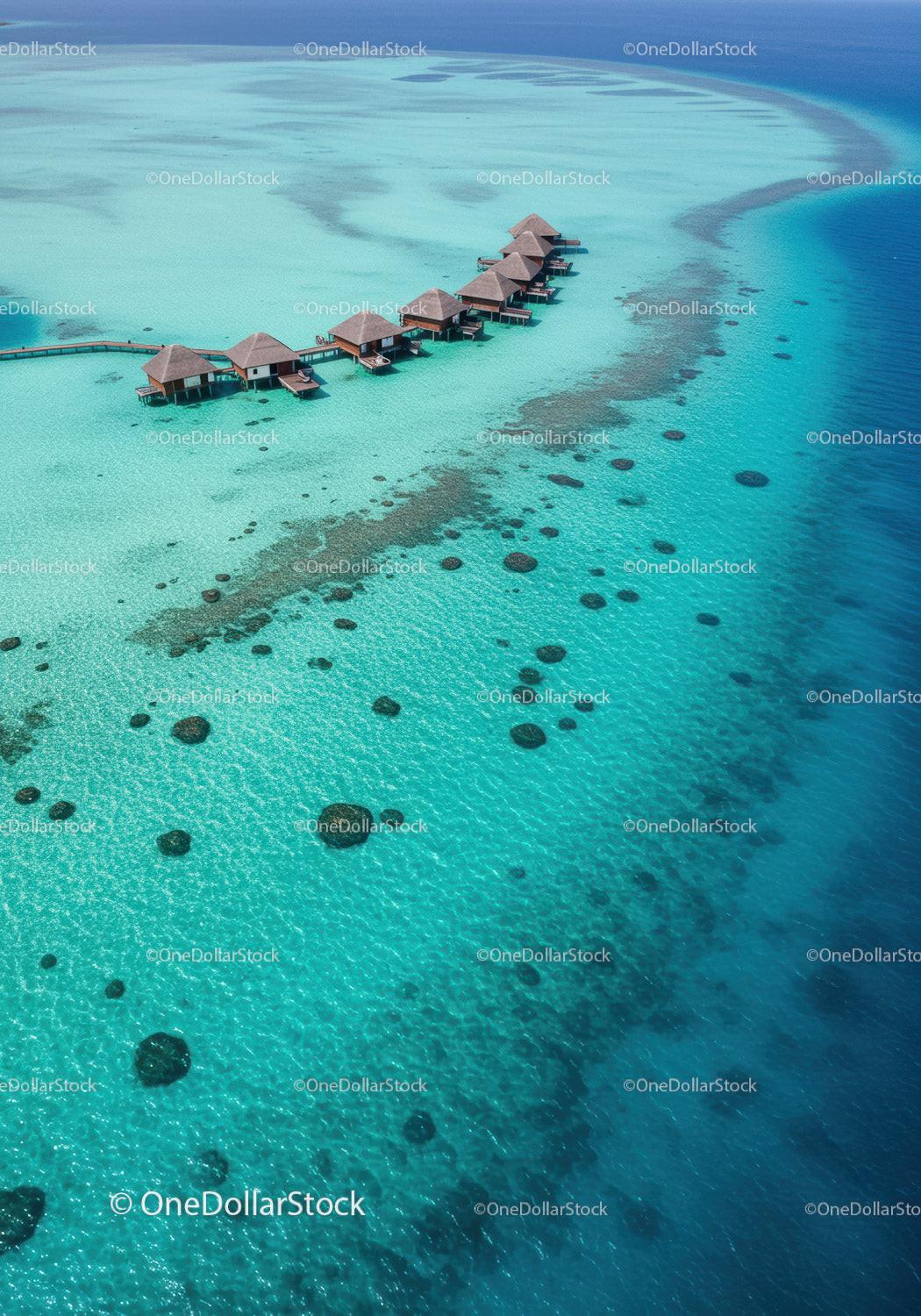 Tropical Overwater Bungalows Over Clear Turquoise Ocean Waters