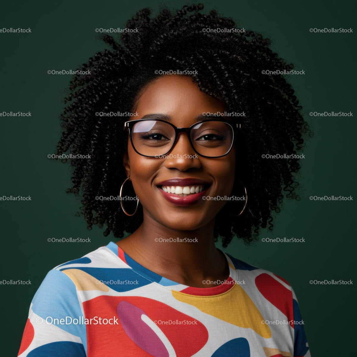 Confident African American Woman Wearing Colorful Dress with Glasses