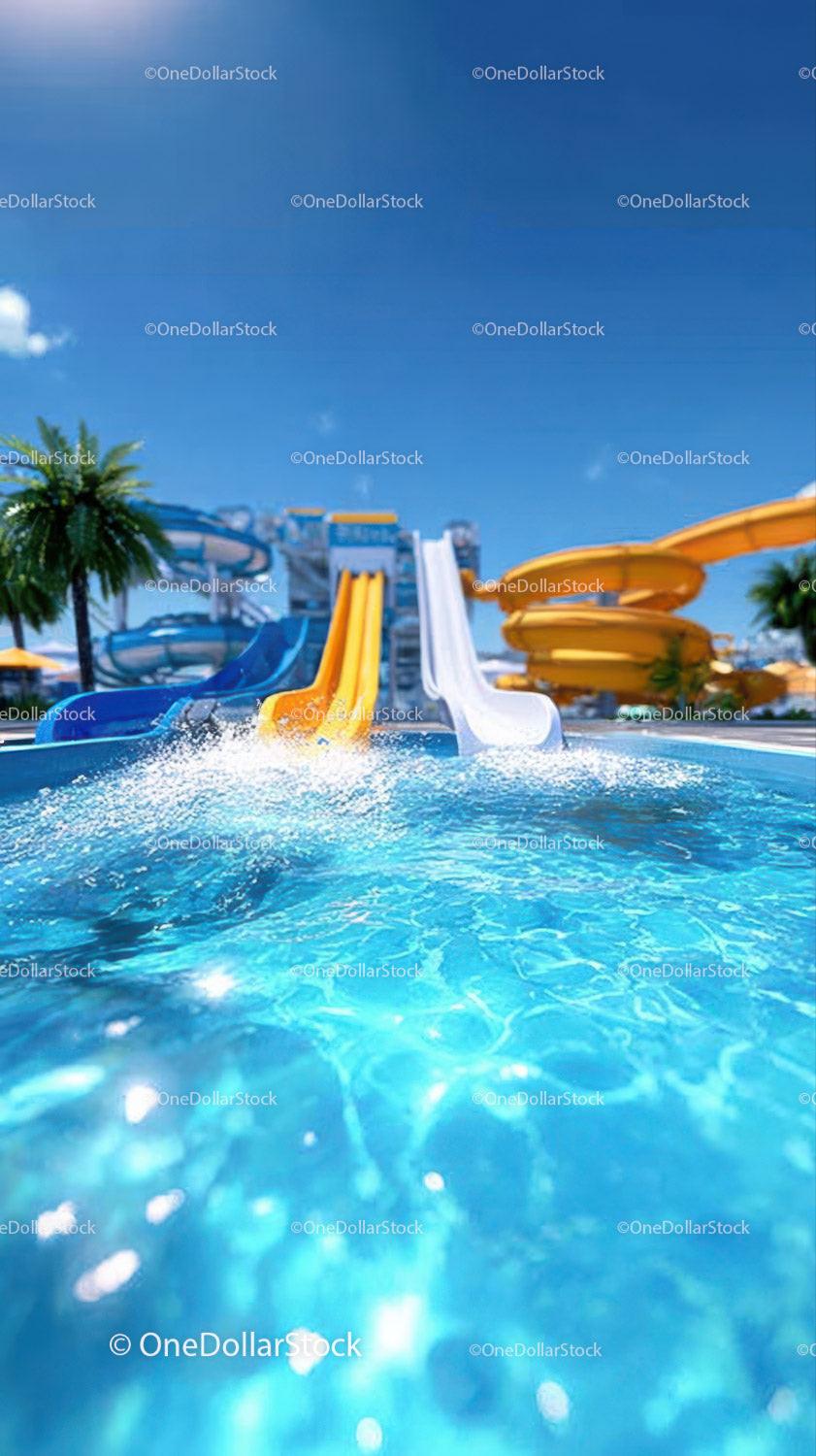 Colorful Water Slides at Outdoor Water Park Under Bright Blue Sky