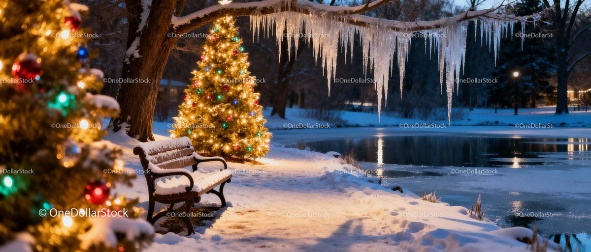 Festive winter evening with Christmas lights and snow
