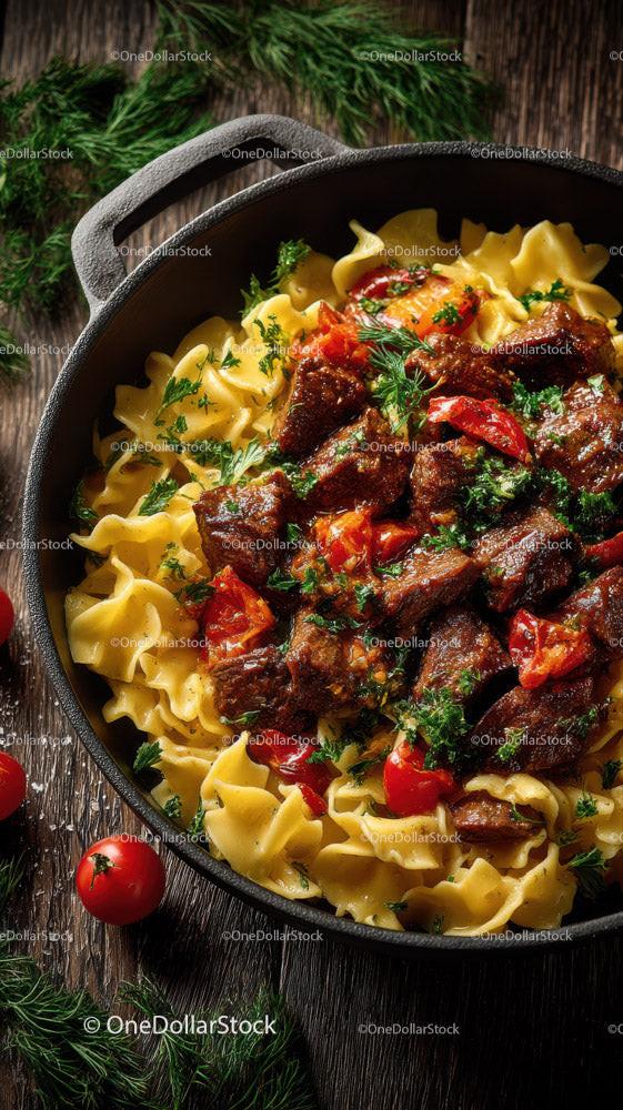 Hearty Beef and Cherry Tomato Pasta in Rustic Skillet Stock Photo Bundle preview 7
