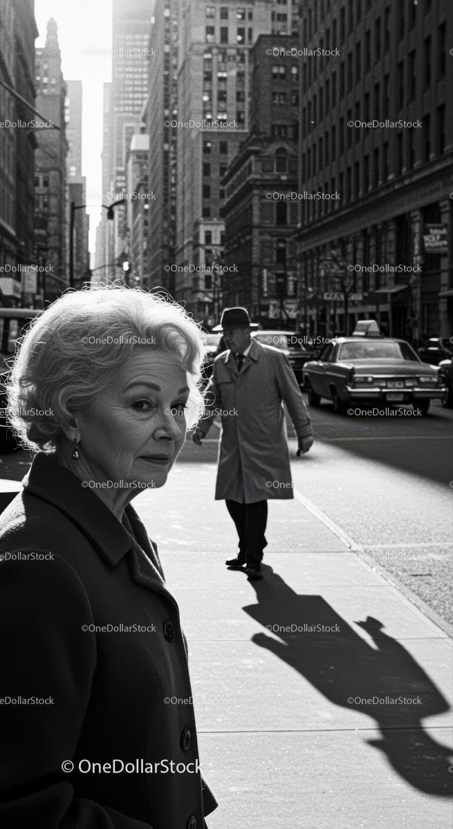 Vintage Elderly Woman Walking in City Street with Tall Skyscrapers