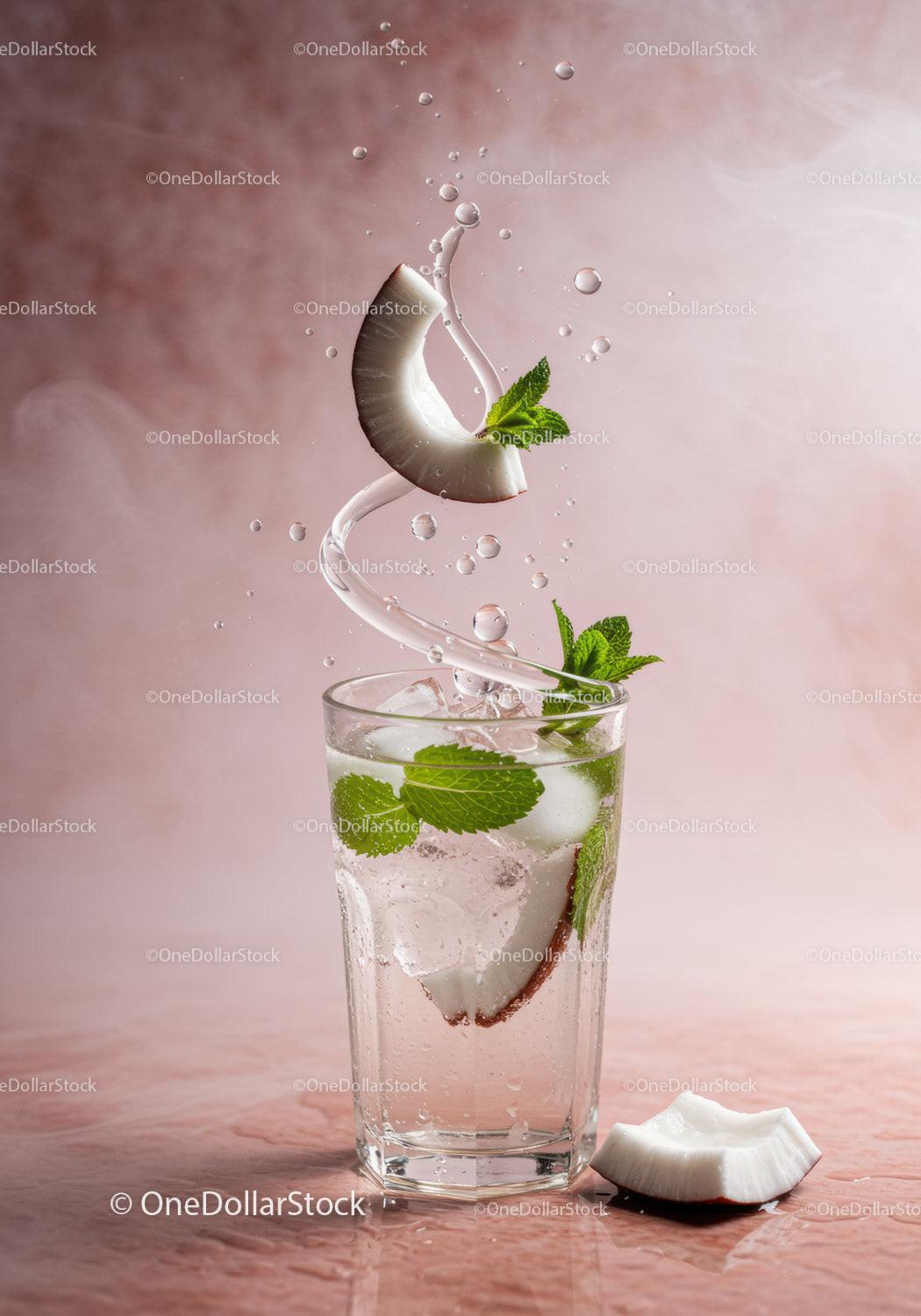 Refreshing Coconut Mint Drink with Ice in Glass