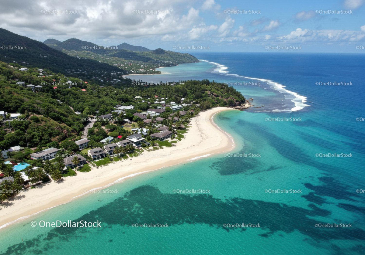 Tropical Coastal Scene with White Sand Beach and Lush Greenery