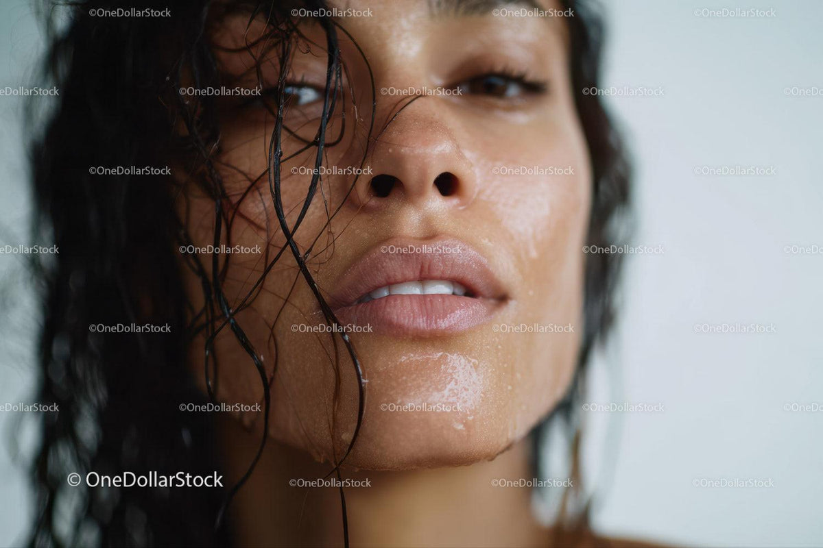 Close-up of a Woman with Wet Skin and Water Droplets
