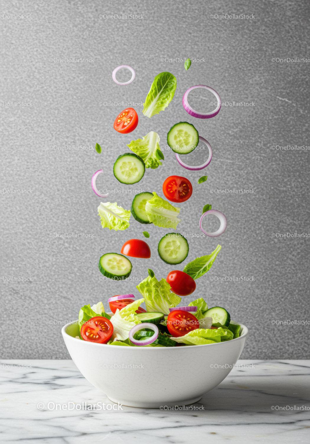 Fresh mixed vegetable salad ingredients in motion