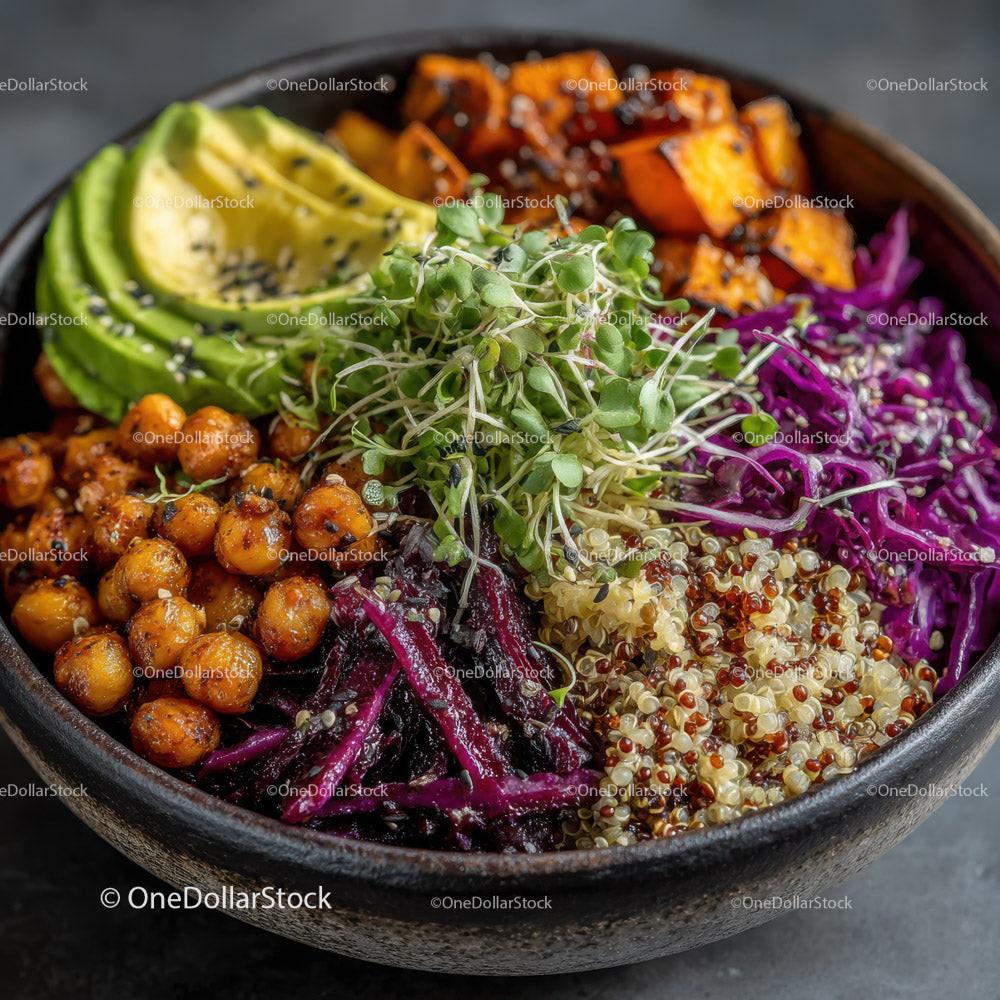 Colorful Quinoa Salad with Avocado Roasted Chickpeas and Microgreens Stock Photo Bundle preview 24