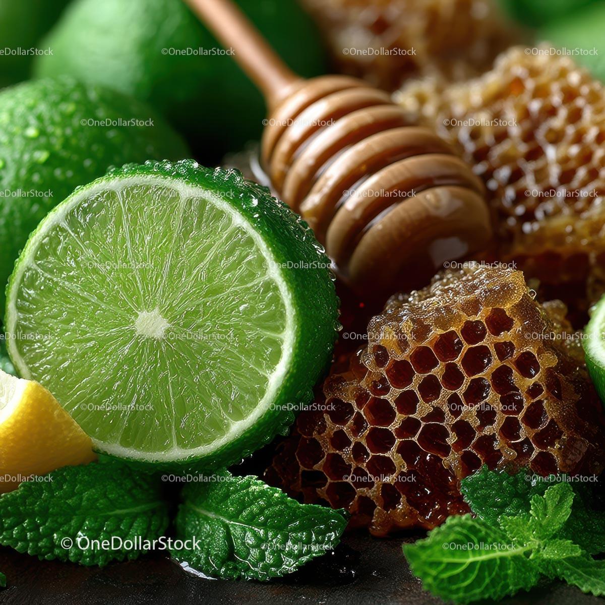 Fresh Limes, Mint Leaves and Honeycomb for Delicious Recipes Stock Photo Bundle preview 27