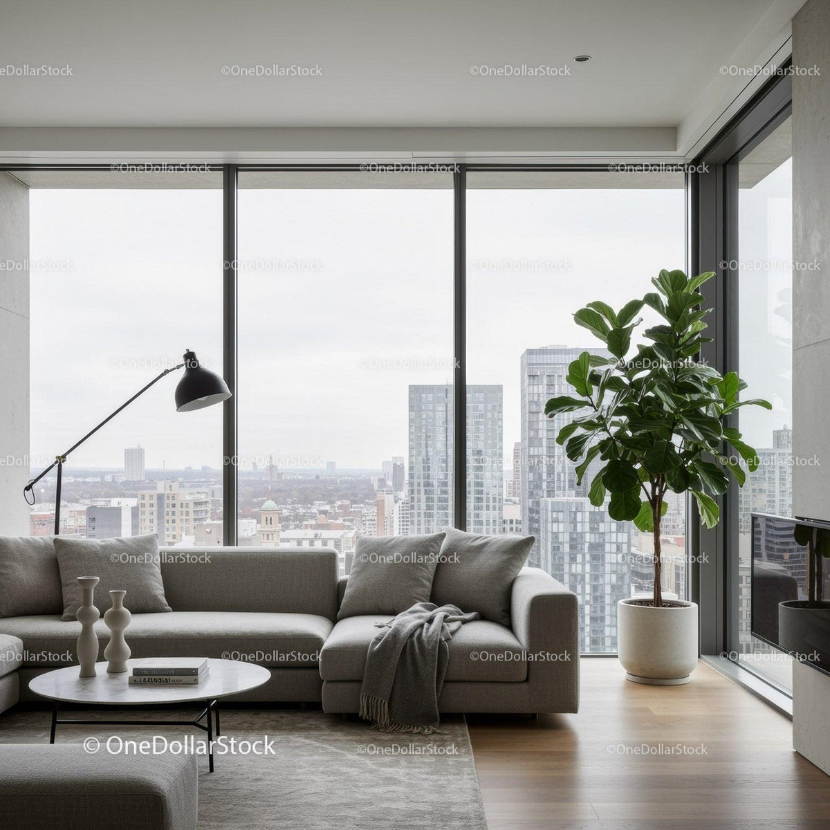 Modern Urban Living Room with City Skyline and Indoor Plant