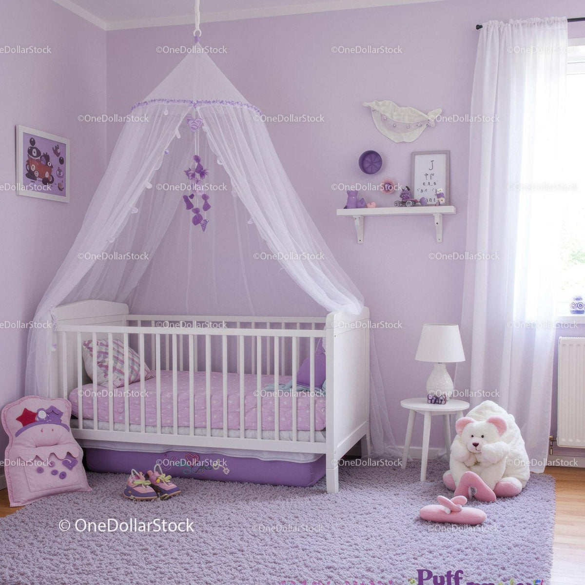 Cute Purple Baby Nursery with Canopy and Plush Toys