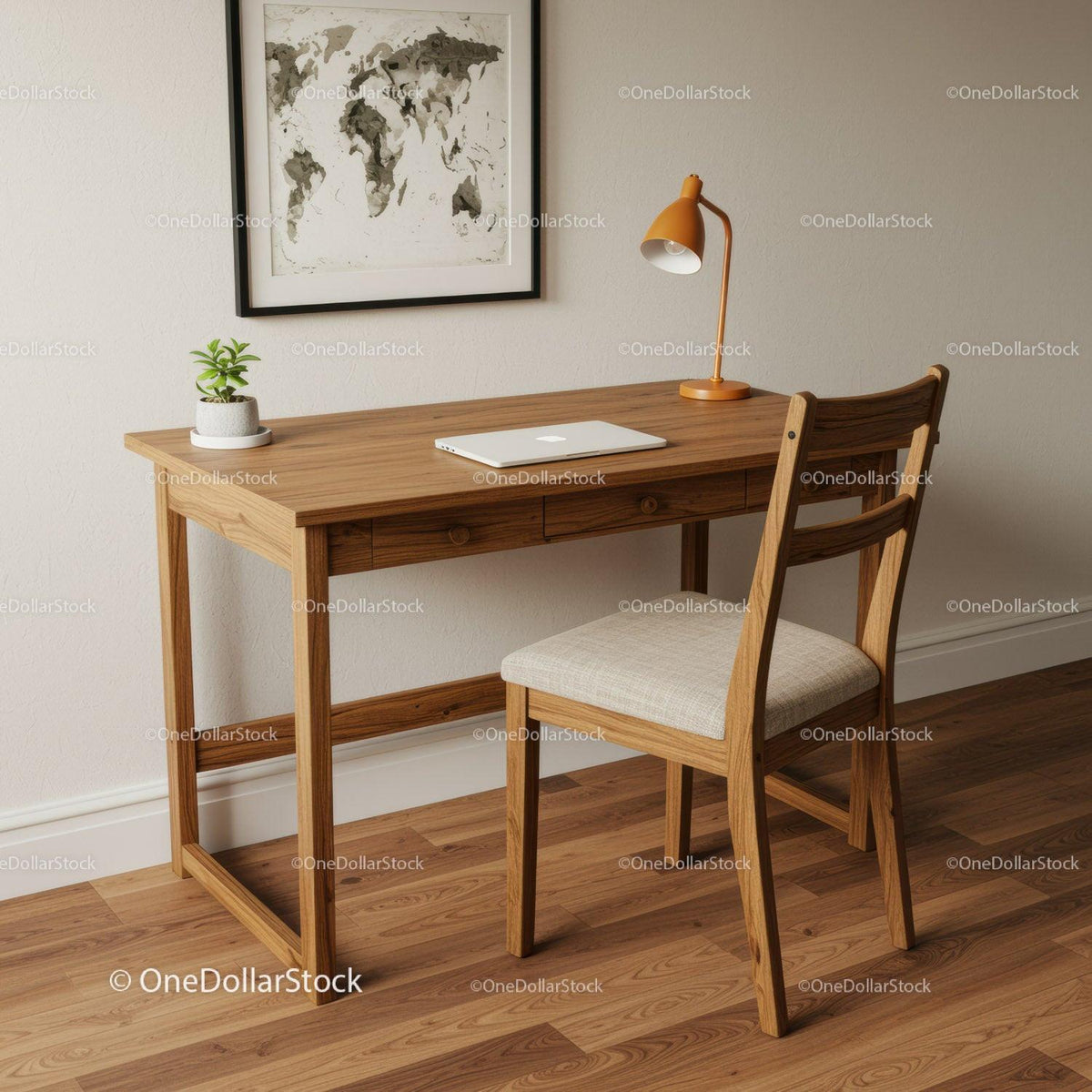 Cozy Wooden Desk with Laptop and Potted Plant in Minimalist Home Office