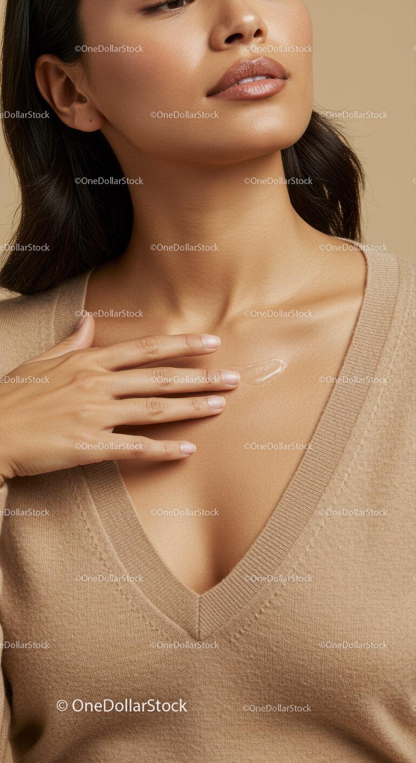 Close-up of Woman Applying Skincare Cream to Neck for Healthy Glowing Skin