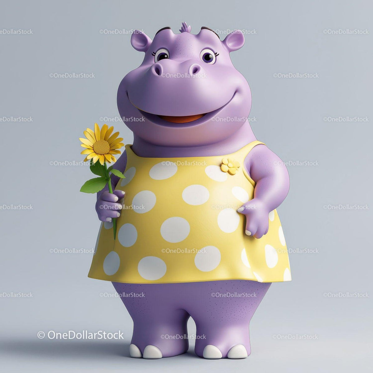 Purple hippo character in yellow polka dot dress holding yellow flower