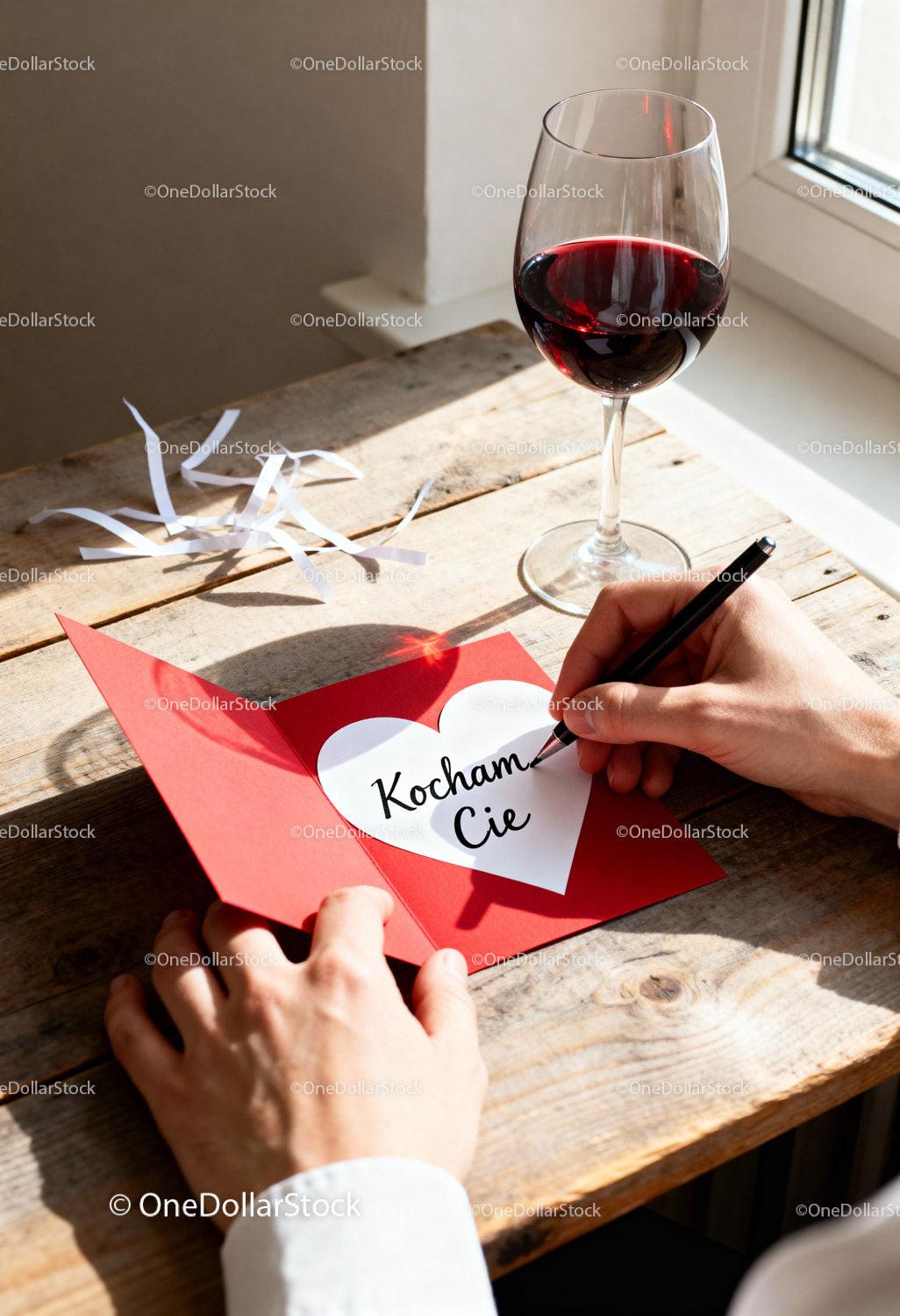 Person Writing Love Note with Red Wine on Wooden Table