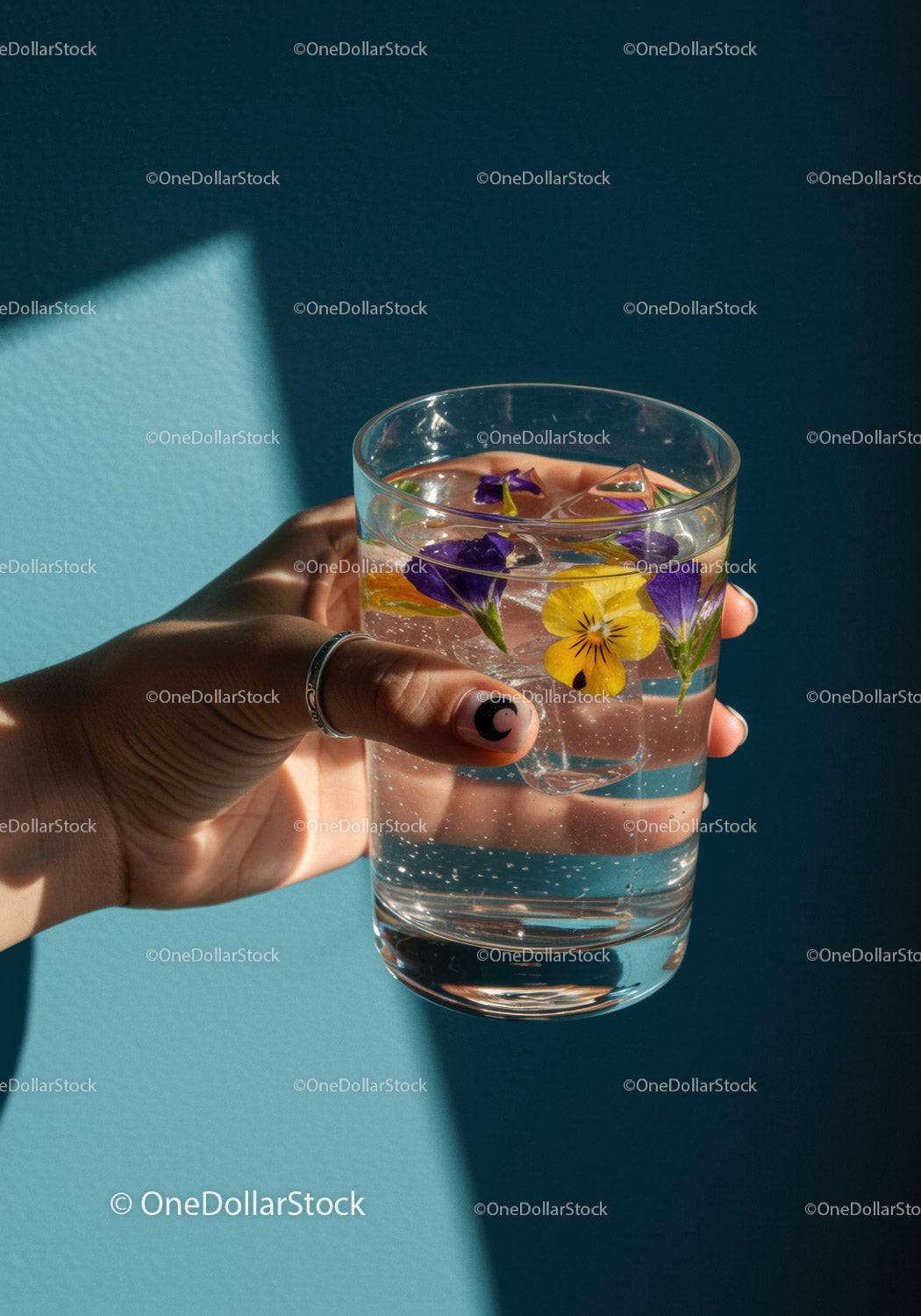 Hand Holding Glass of Floral Infused Sparkling Water