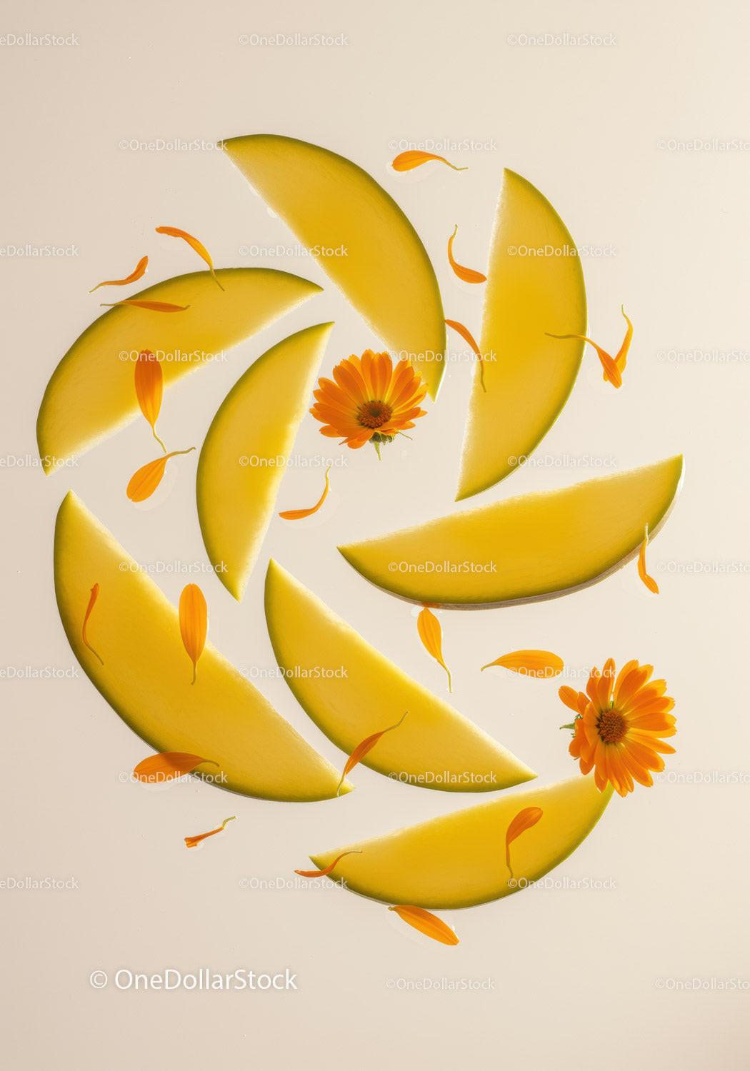 Fresh melon slices with marigold petals artfully arranged