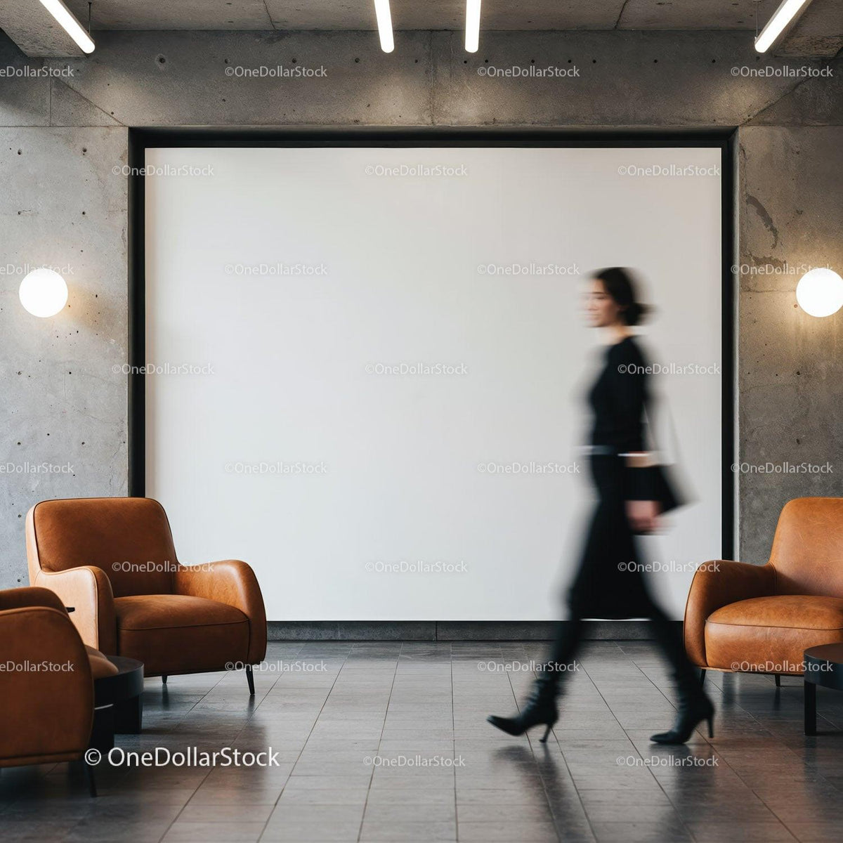 Blurred woman walking in modern industrial waiting area JPG Mockup Image preview