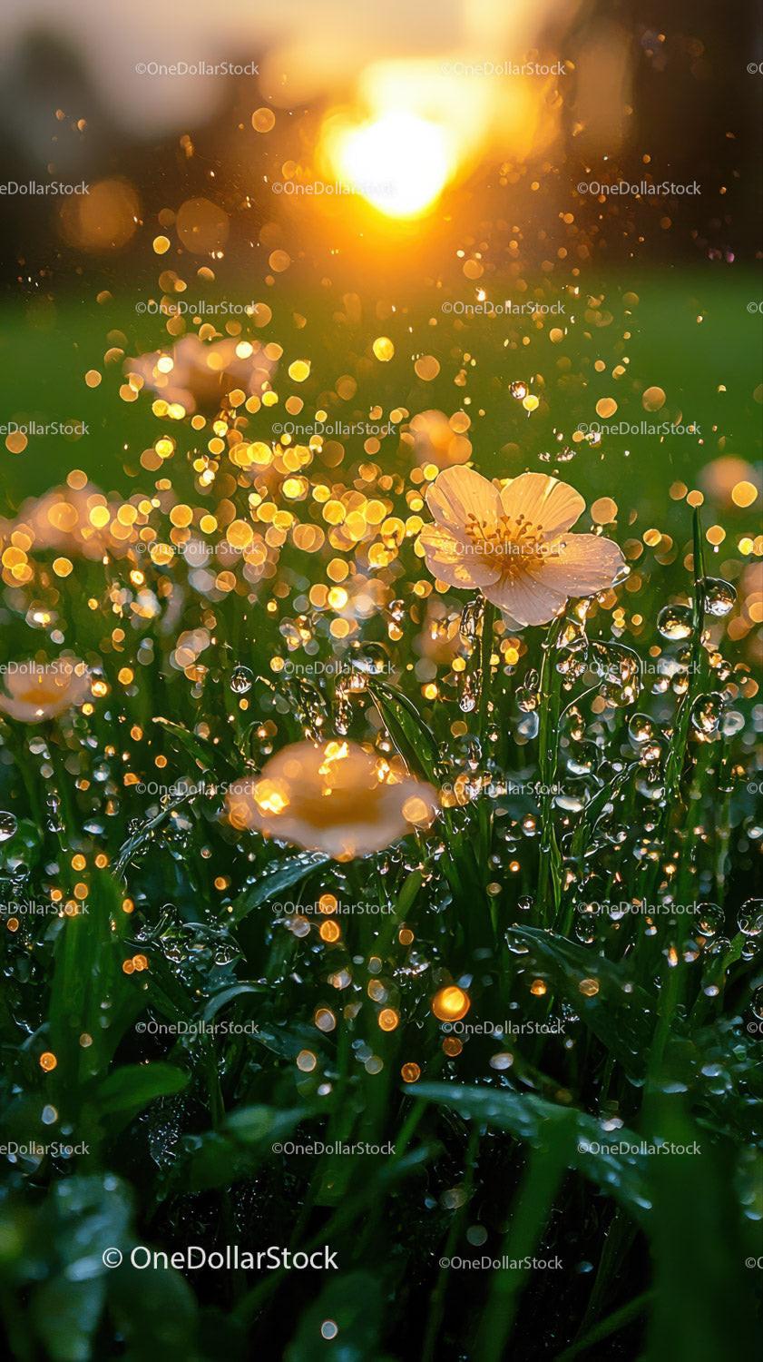 Sunlit Flower with Dew Drops and Bokeh Effect in Garden