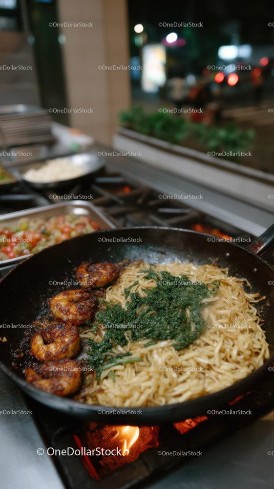 Stir-Fried Noodles with Vegetables in a Professional Street Food Setting Stock Photo Bundle preview 27